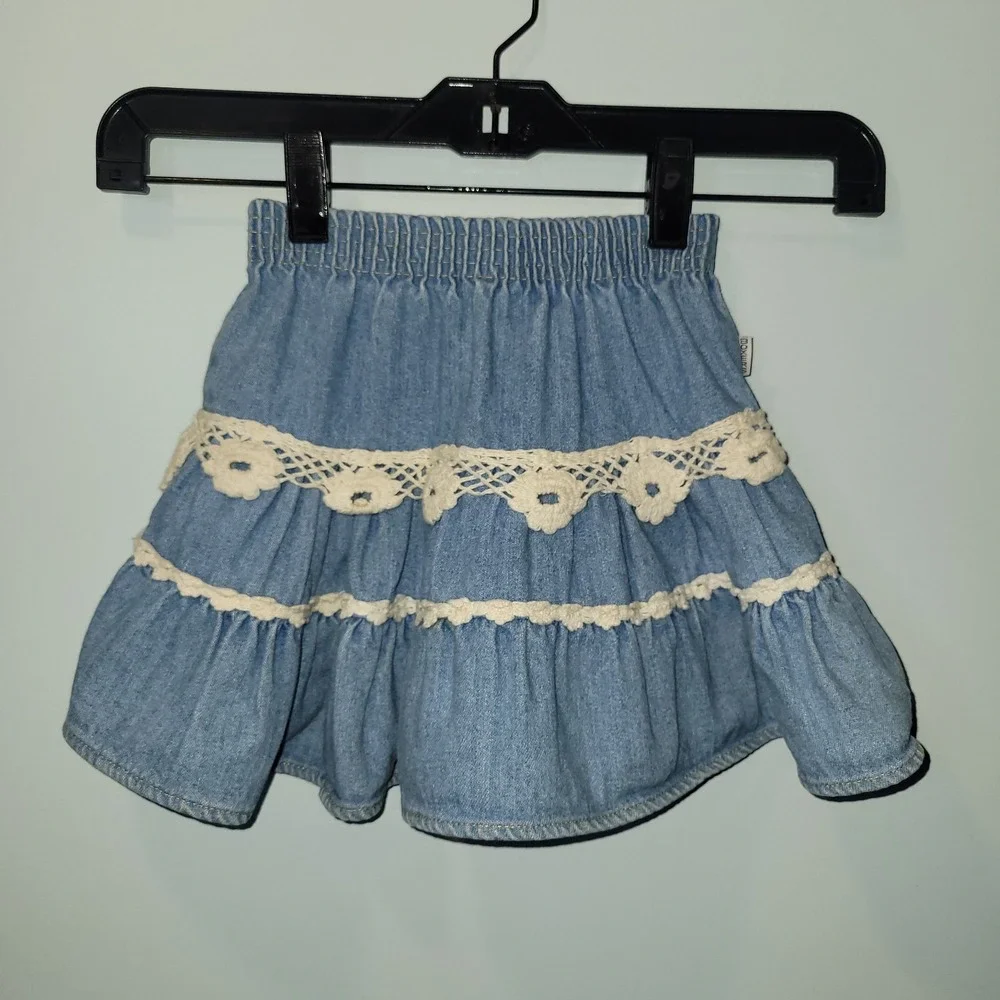 Vintage Baby Boxers Girls 2T Denim Tiered Ruffle Skirt‎ Crochet Lace Trim USA